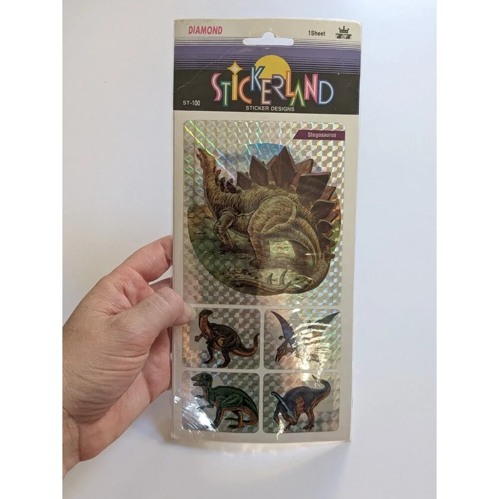 Vintage 1993 Stickerland Diamond‎ Dinosaur Holographic Sticker Sheet Stegosaurus